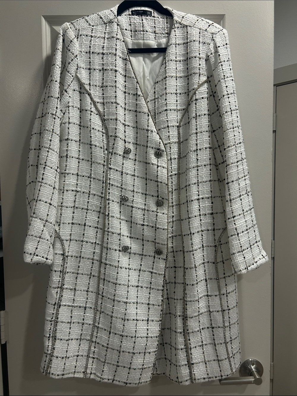 SHEIN White Tweed Plaid Double-Breasted Blazer Coat